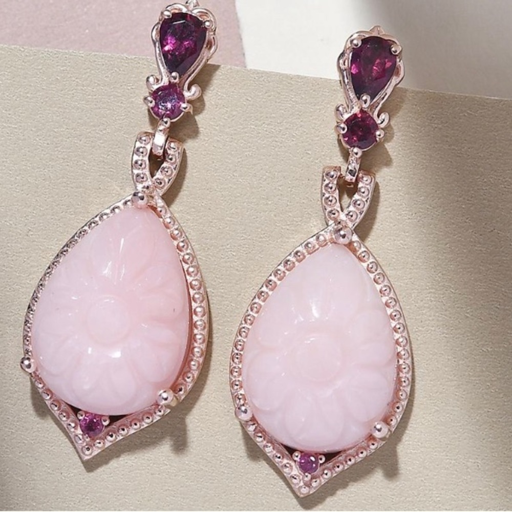 Peruvian Pink (carved) Opal & Orissa Rhodolite
Garnet Drop Earrings  NWT